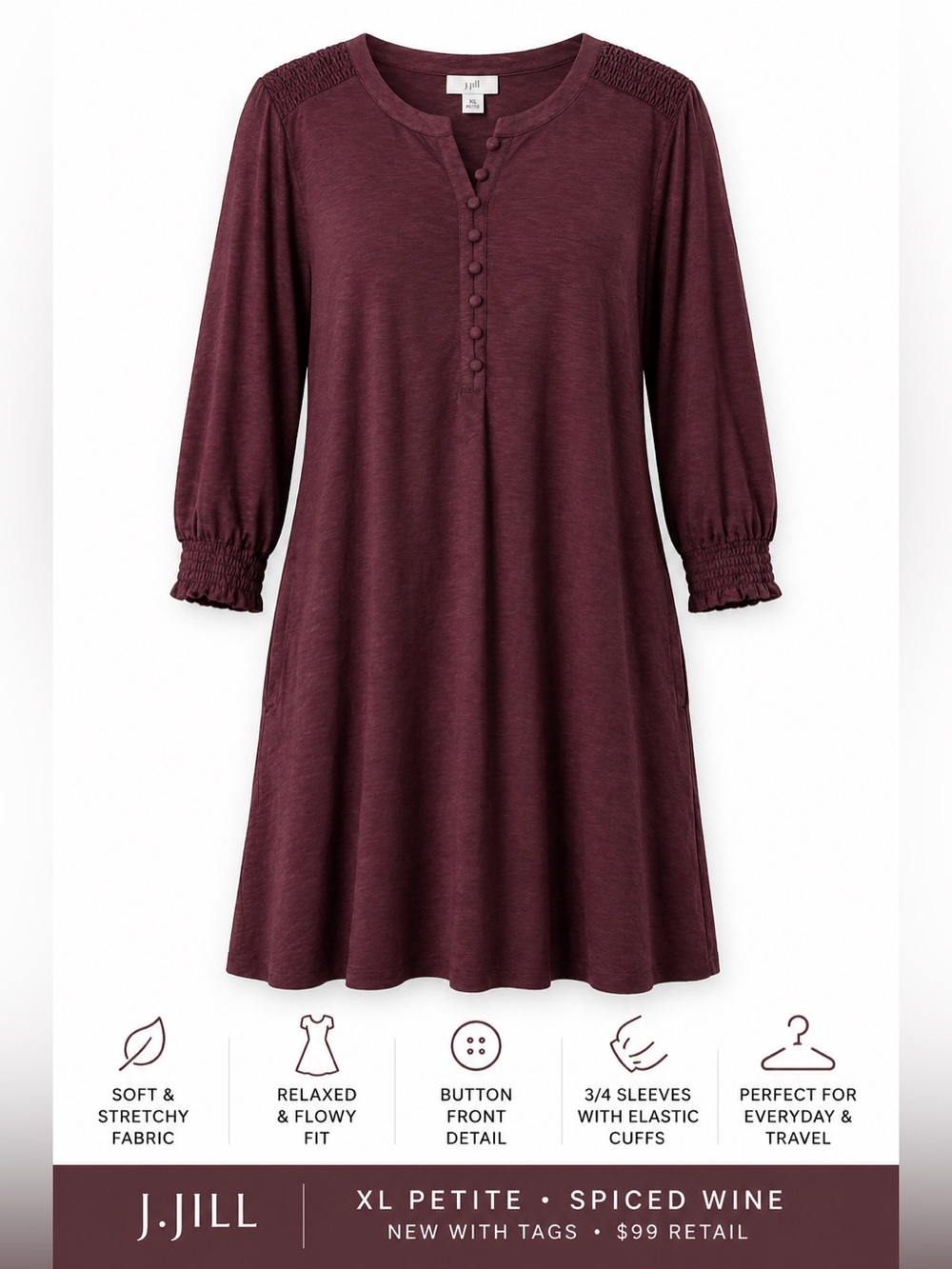 J.Jill Smocked Henley Dress in Spiced Wine, Size XLP NWT